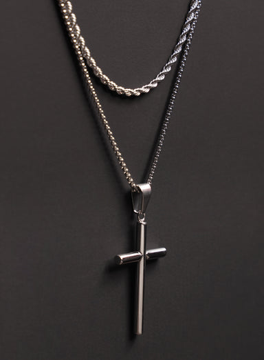 Necklace Set: Silver Rope Chain and Silver Bamboo Cross Necklace Necklaces exchangecapitalmarkets: Men's Jewelry & Clothing.   