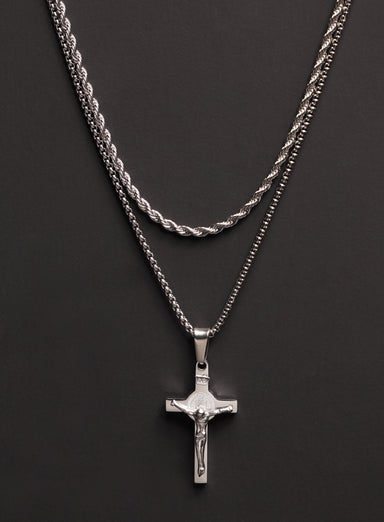 Necklace Set: Silver Rope Chain and Silver Crucifix Necklace Necklaces exchangecapitalmarkets: Men's Jewelry & Clothing.   
