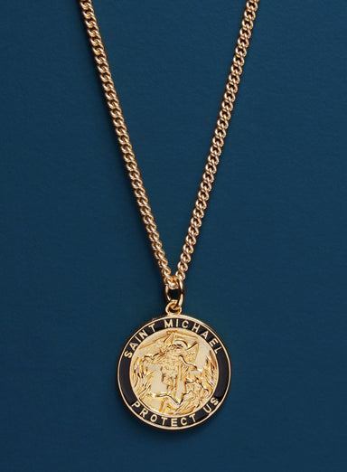 Saint Michael Protection Angel Round Vermeil Gold Pendant for Men Necklaces exchangecapitalmarkets: Men's Jewelry & Clothing.   
